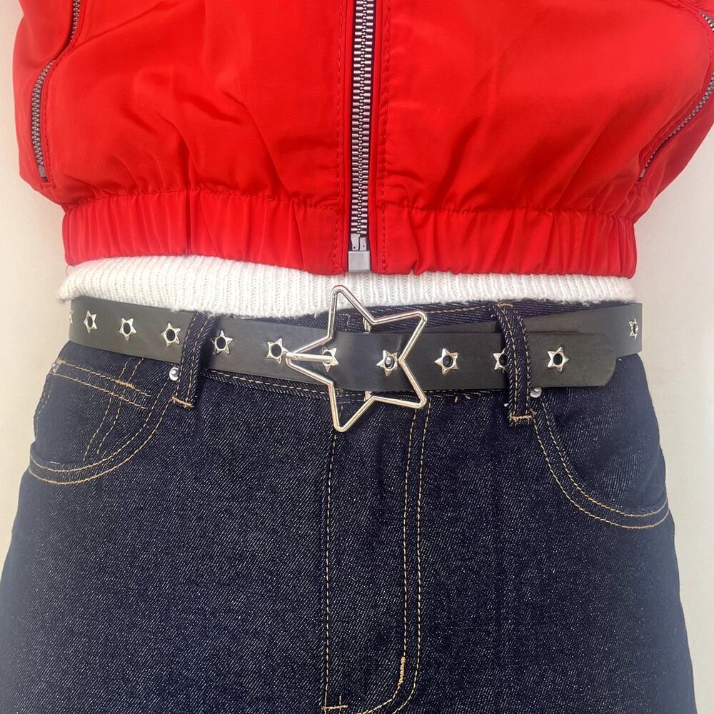 y2k style round studded vegan leather black and silver star studded grunge belt